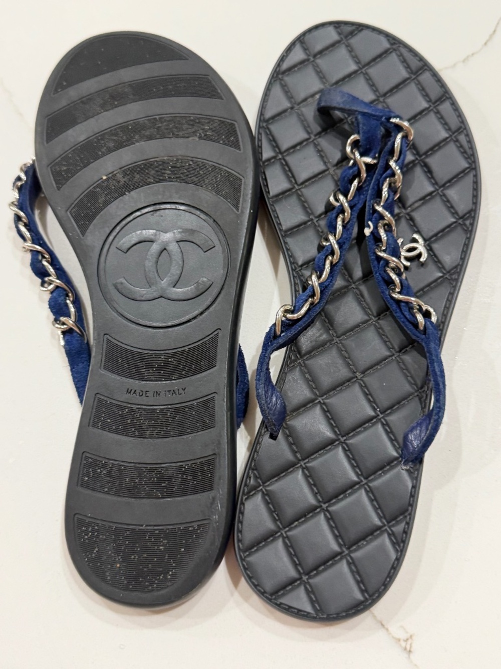 Authentic CHANEL Blue Suede & Silver Chain-Link CC Logo Thong Sandals